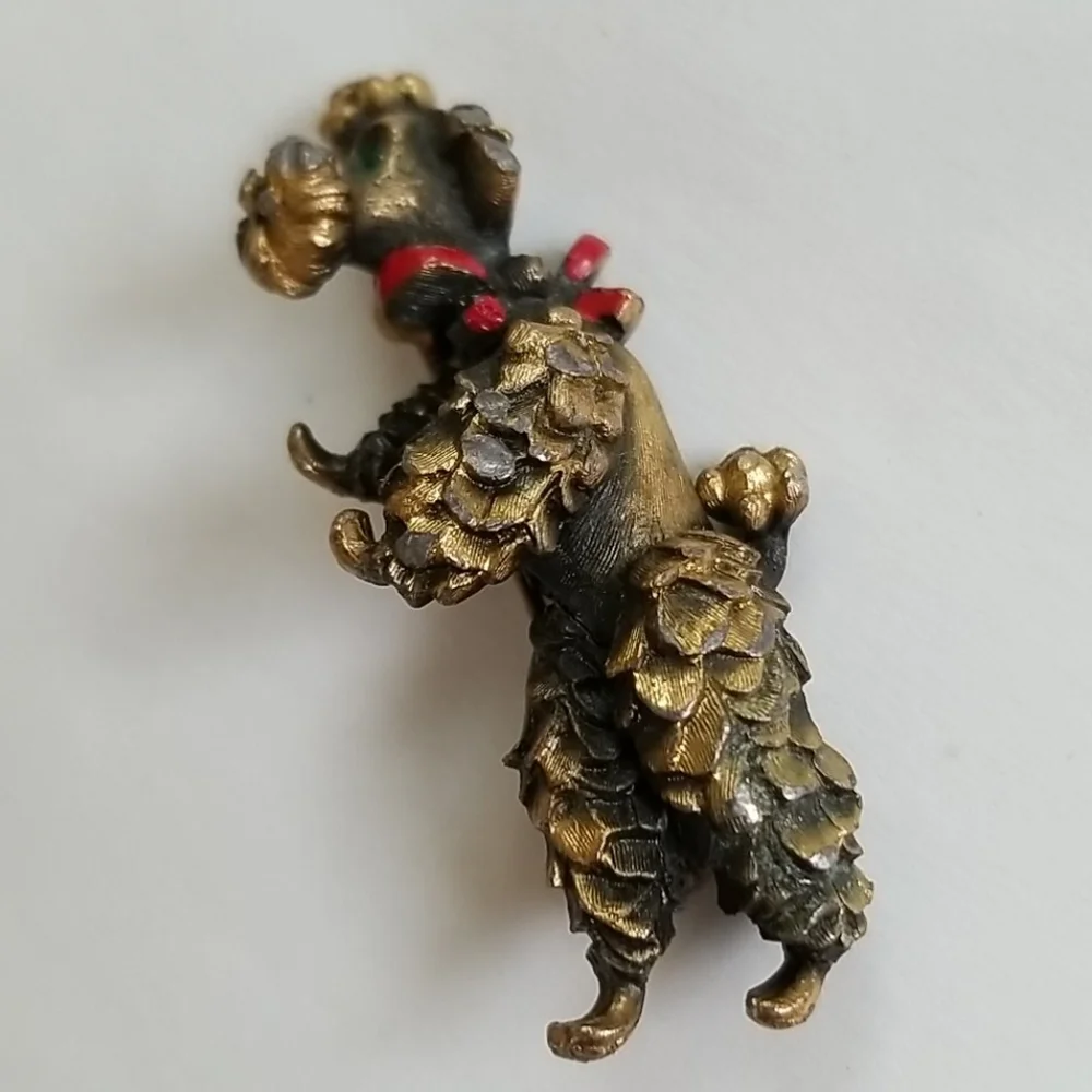 VTG Poodle Goldtone red bow emeral eyes brooch pin